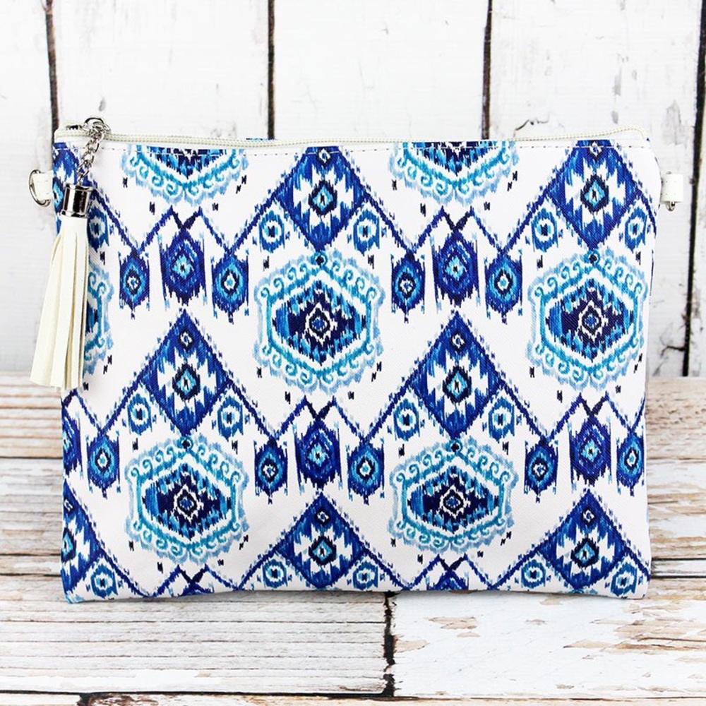 NWT Blue Ikat Travel Crossbody Clutch | Wristlet Strap | Boho Summer Bag